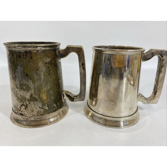 Antique Pair Silverplate British Stein Tankard Hand Etched Lion Crest Guild - Picture 6 of 15
